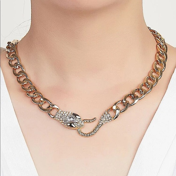 Gold Snake Serpent Cuban Chain Link Zircon Choker Necklace - Picture 1 of 11